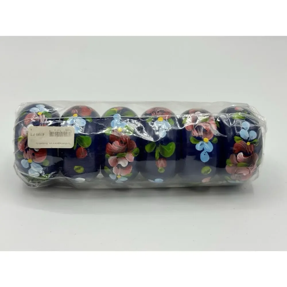 Set of 6 Vintage Hand Painted Blue Floral Wood Napkin Rings Cottagecore NEW